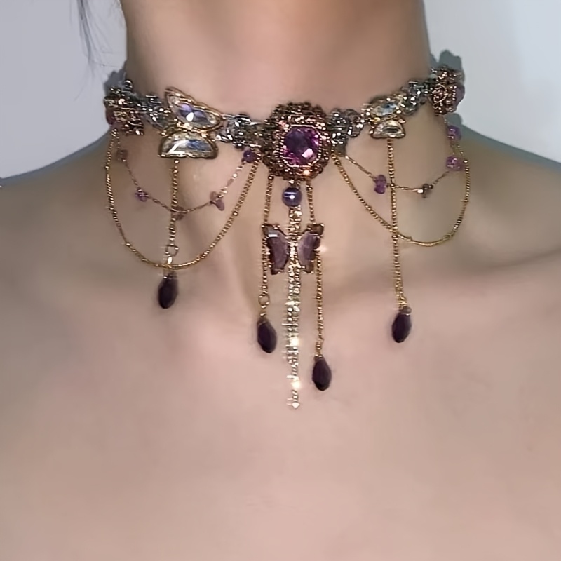 Niche Purple Vintage Butterfly Multi-layered Tassel Necklace